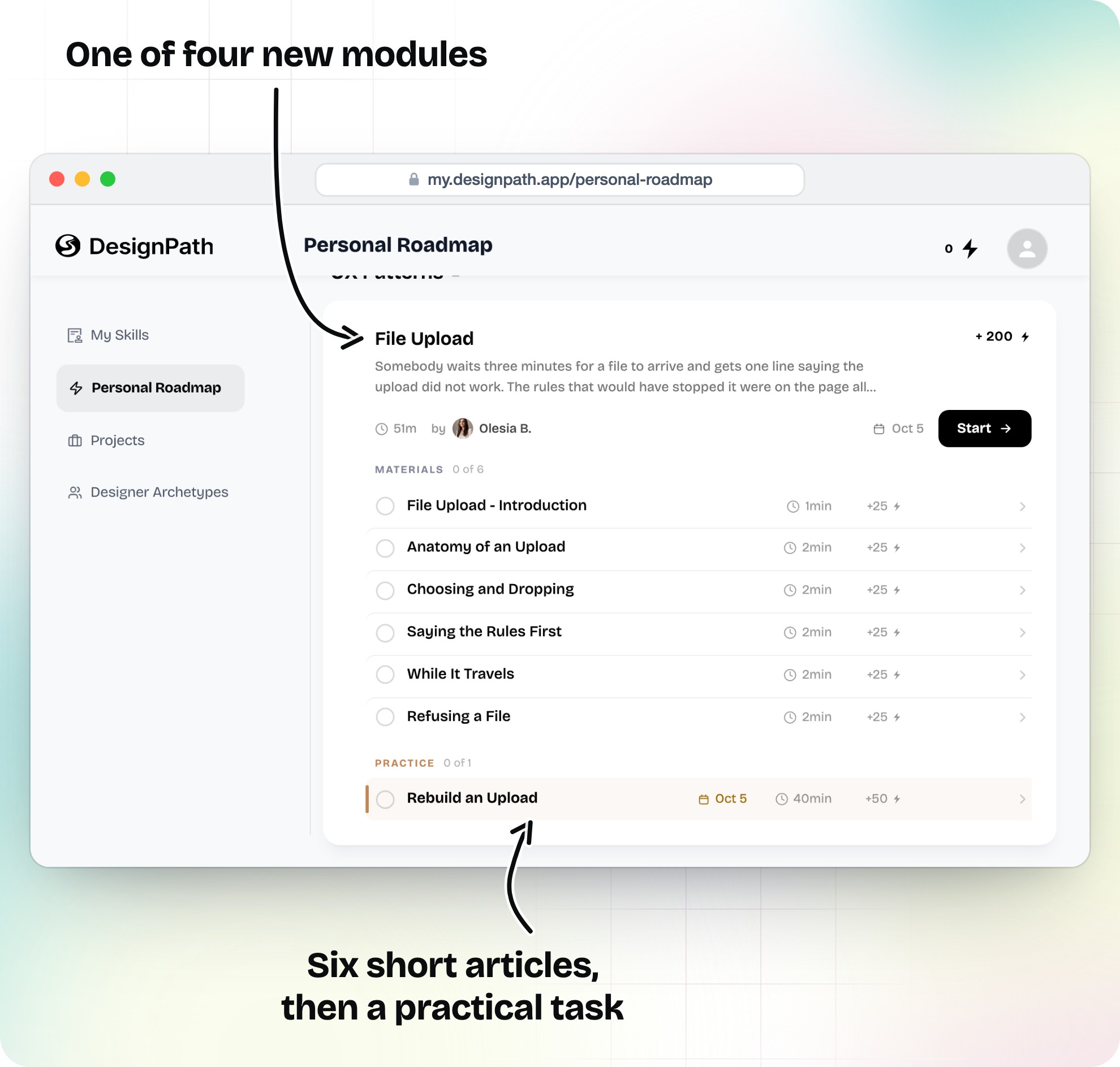a module on the Personal Roadmap: short articles, then a practical task